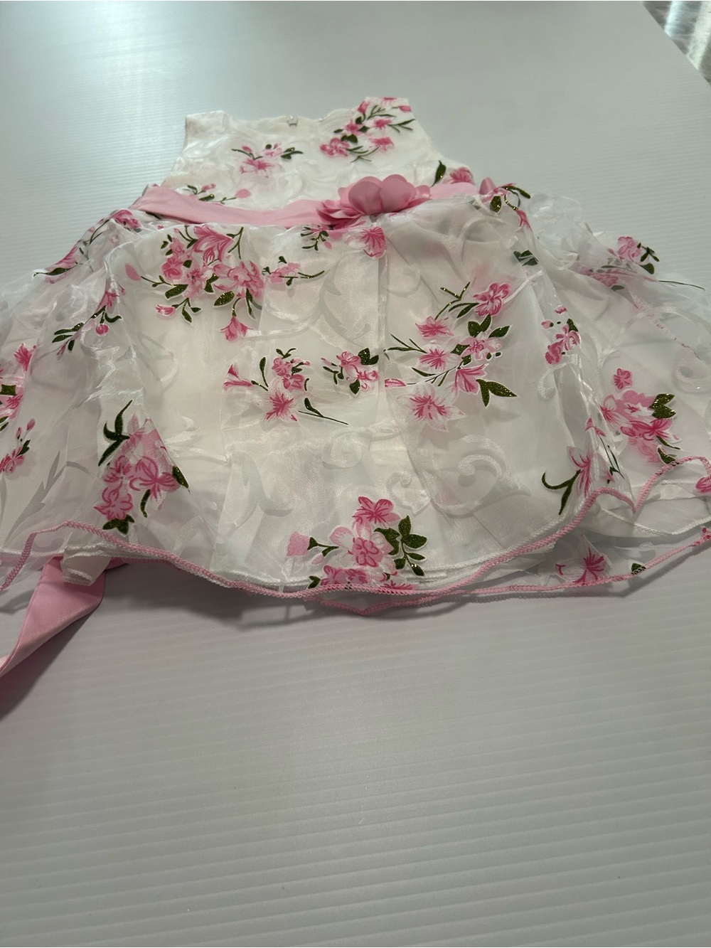 White and Pink Floral Girls' Party Dress